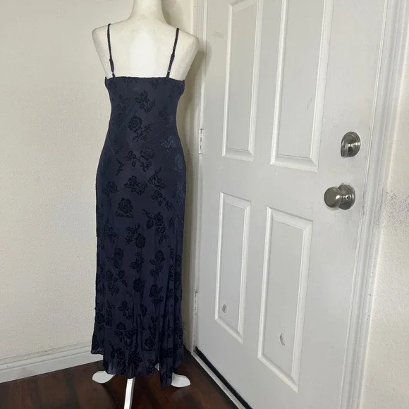 Trixxi Floral Burnout Velvet Maxi Dress M Navy Blue Asymmetrical Hem Whimsigoth - Picture 3 of 14